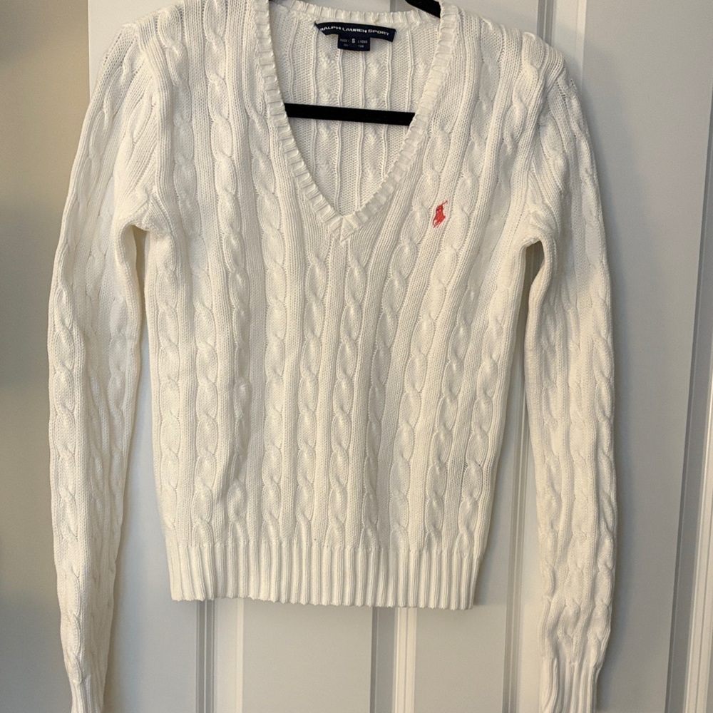 Ralph Lauren Women's white V-Neck Cable Sweater